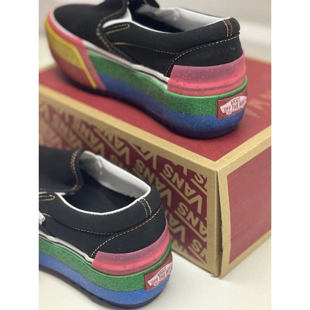 Vans Sneakers Classic Slip On Platform Black Glitter Rainbow Women 5.5 Pride New